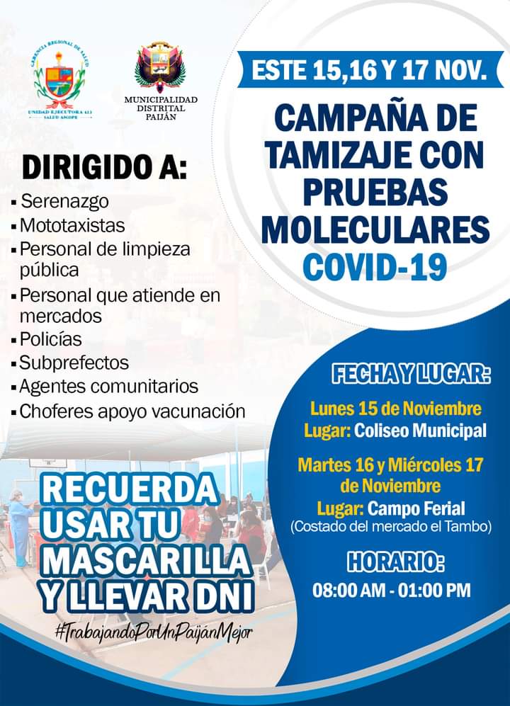 CAMPAÑA DE TAMIZAJE CON PRUEBA MOLECULAR COVID-19 DEL 15 AL 17 DE NOVIEMBRE EN PAIJAN 